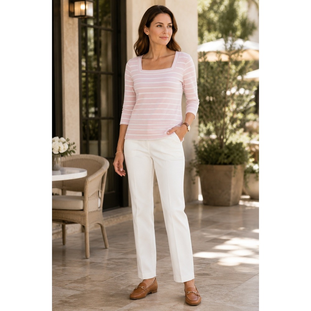 Lauren Ralph Lauren Top Womens L Pink White Striped Square Neck 3/4 Sleeve